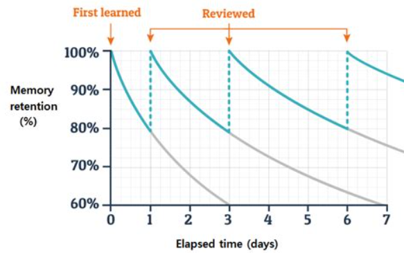 forgetting curve graph, spacing effect, memory retention chart.